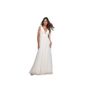 👰‍♀️ NWT Lulu’s White Chiffon Maxi Dress – Deep V-Neck, Side Slit – Size S